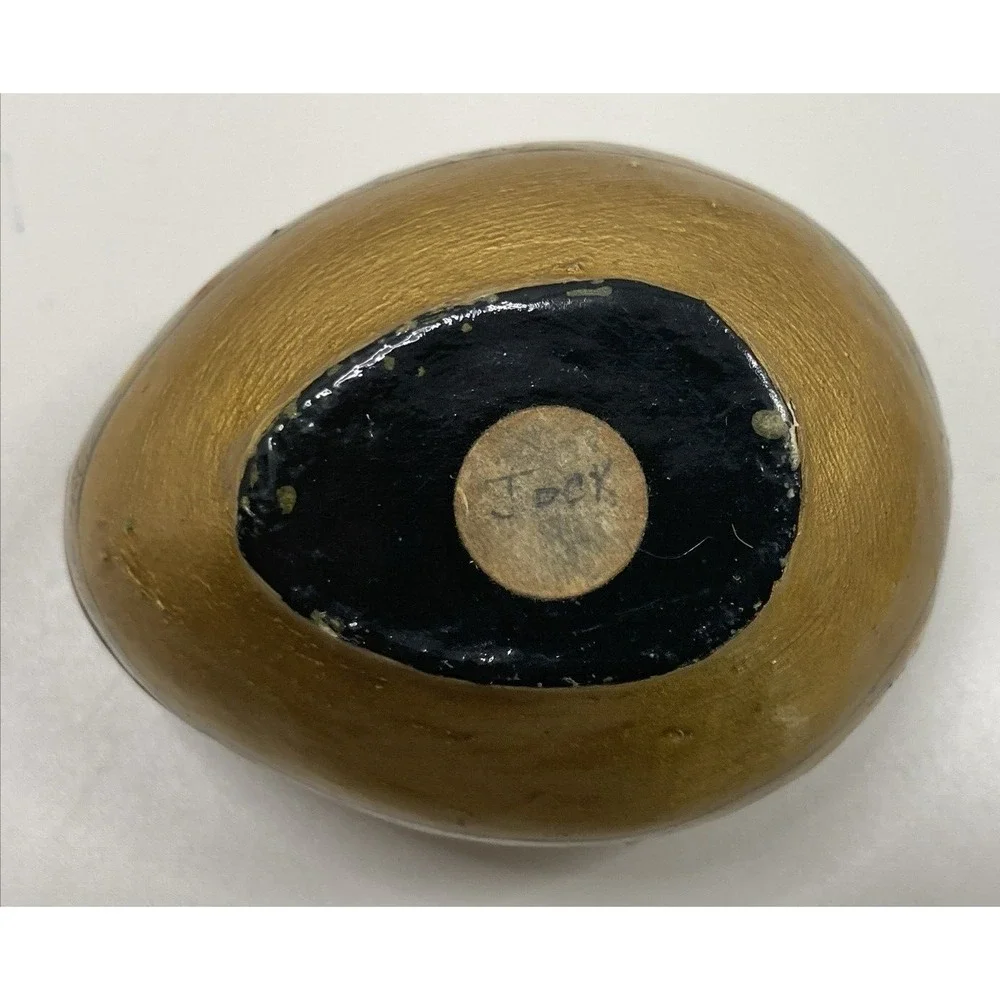Vintage Hand Painted Lacquer Trinket Box‎ Gold Metallic Floral Egg Shape Easter
